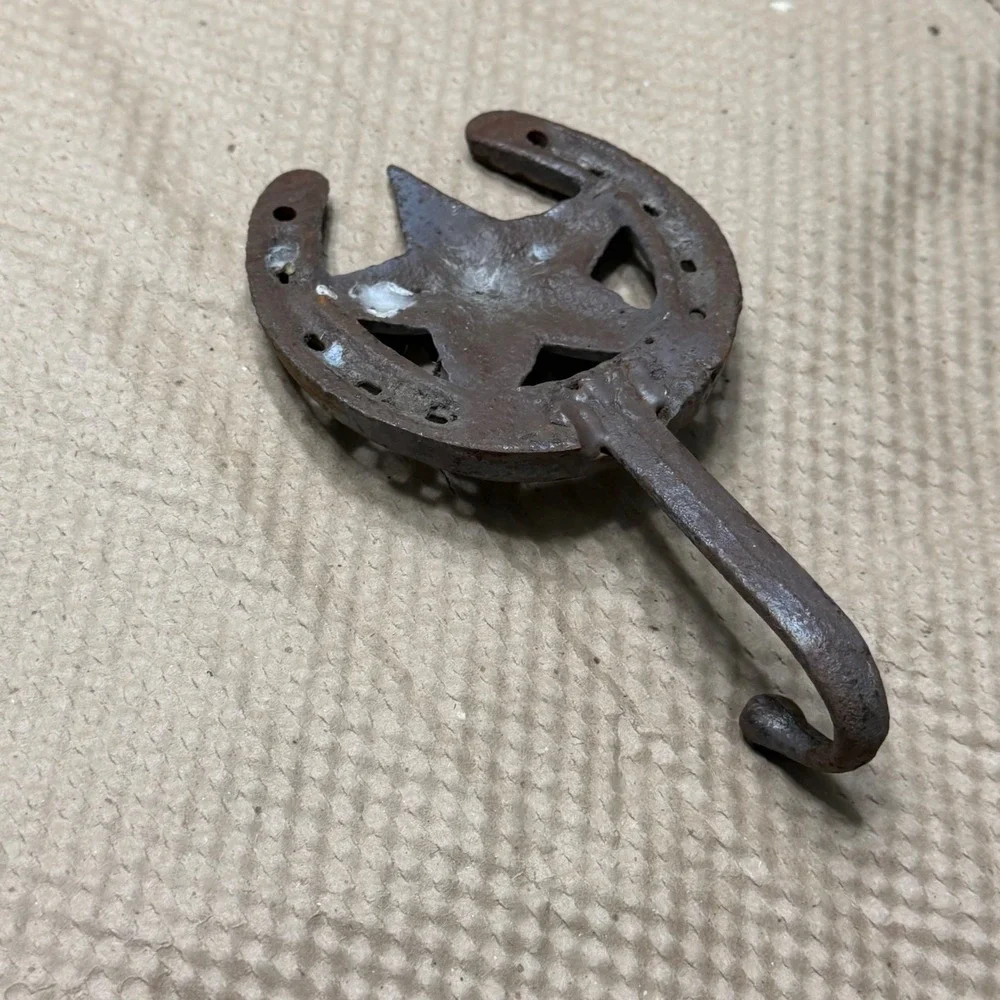 Rustic Cast Iron Horseshoe Texas Star Wall Hook Western Farmhouse‎ Decor Brown